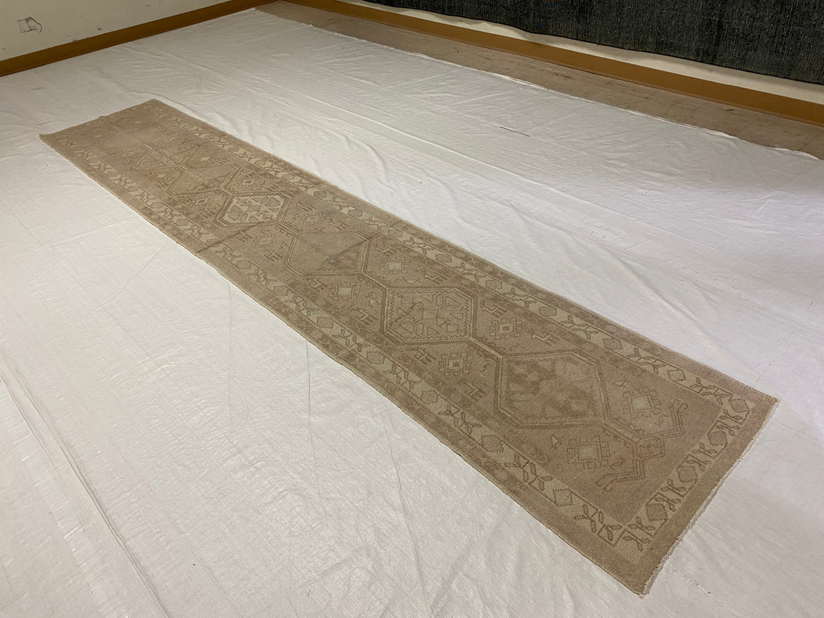2x13 Beige and Ivory Green Turkish Tribal Runner