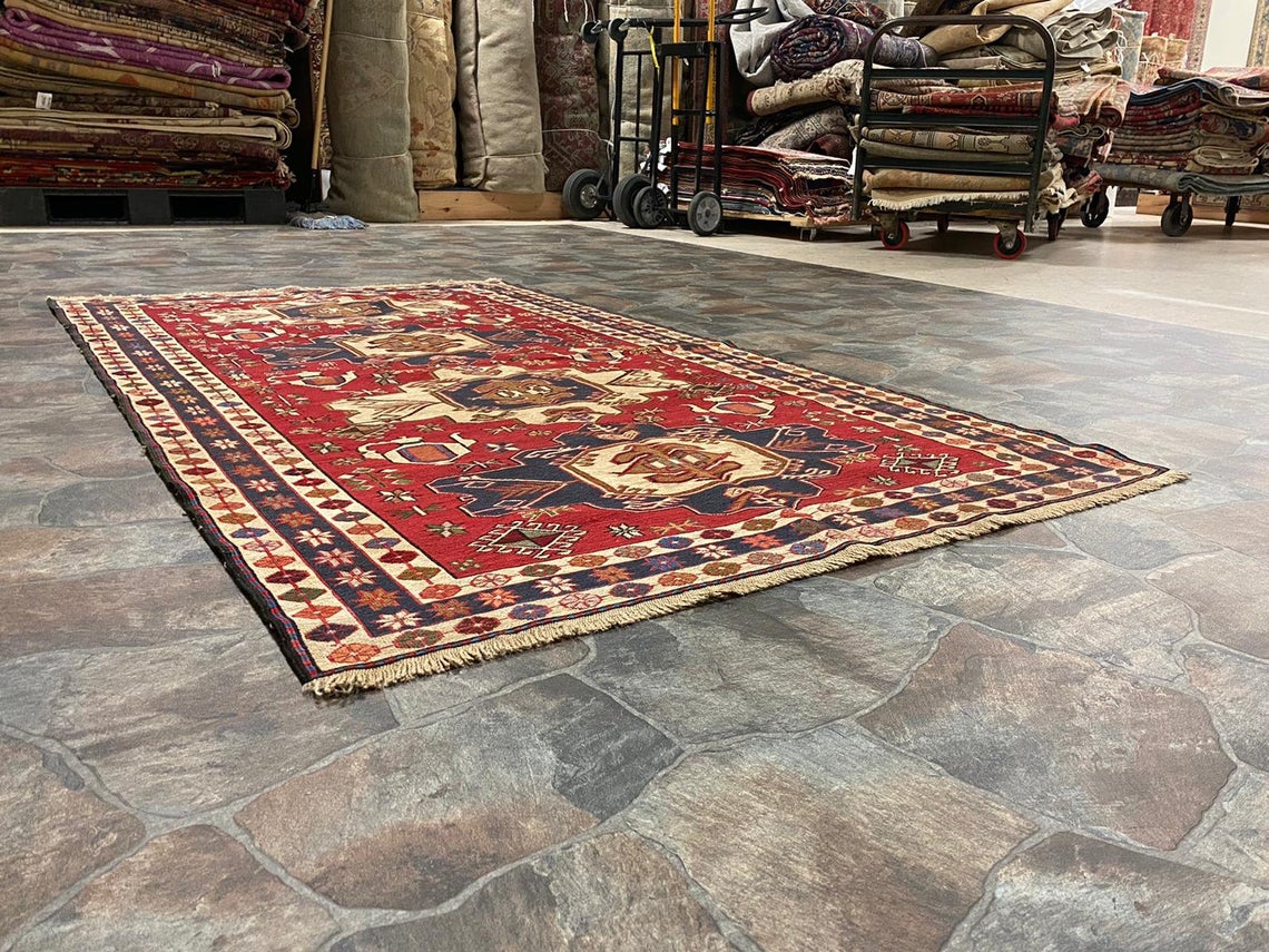 4x7 Red and Navy Turkish Patchwork Rug