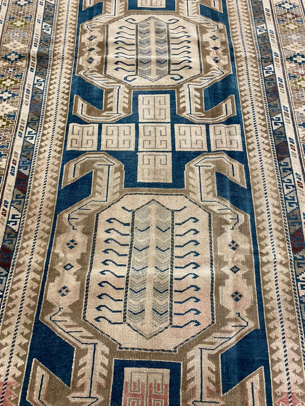 6x10 Beige and Navy Turkish Tribal Rug