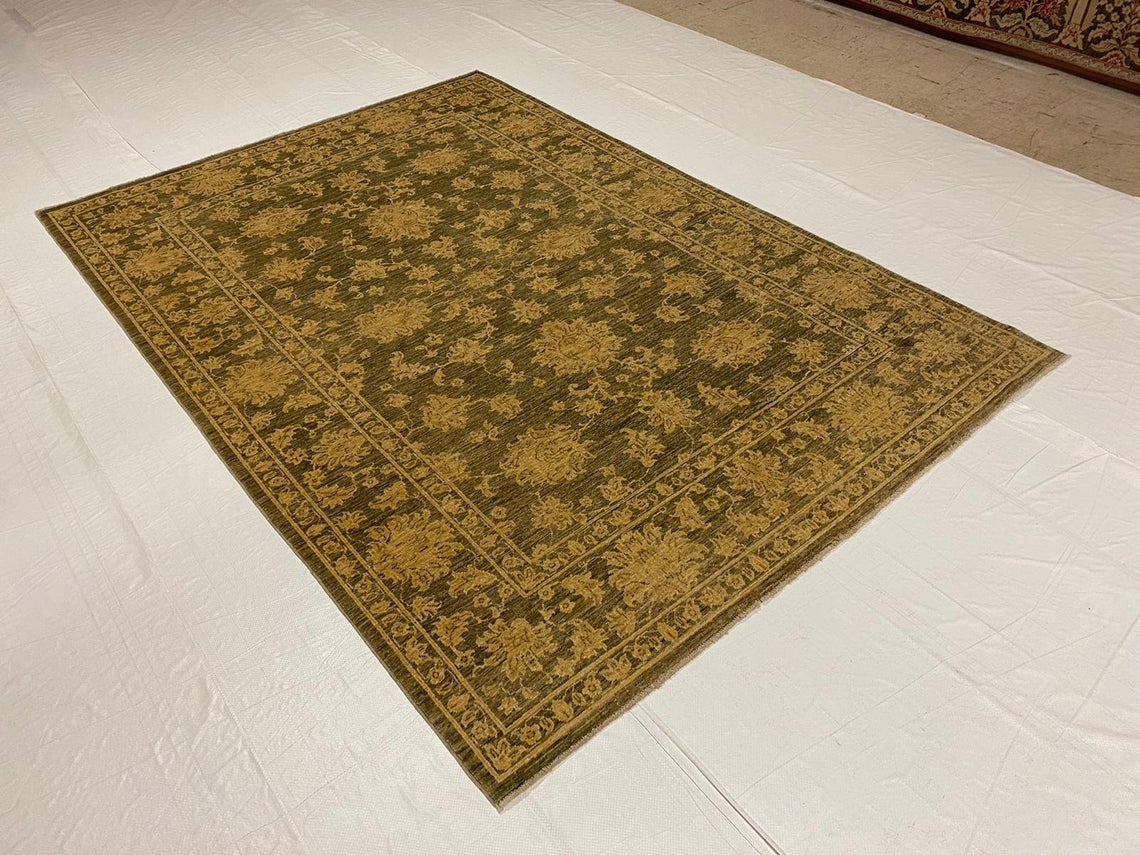 6x8 Green and Gold Turkish Oushak Rug