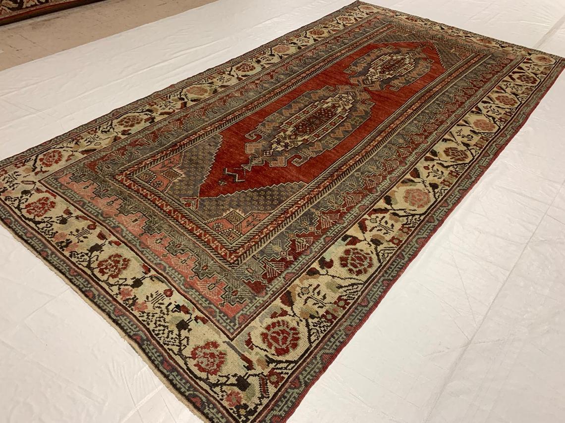 6x11 Beige and Red Turkish Tribal Rug