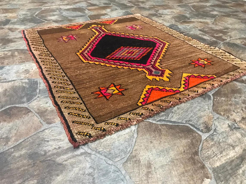 3x3 Brown and Red Turkish Tribal Rug