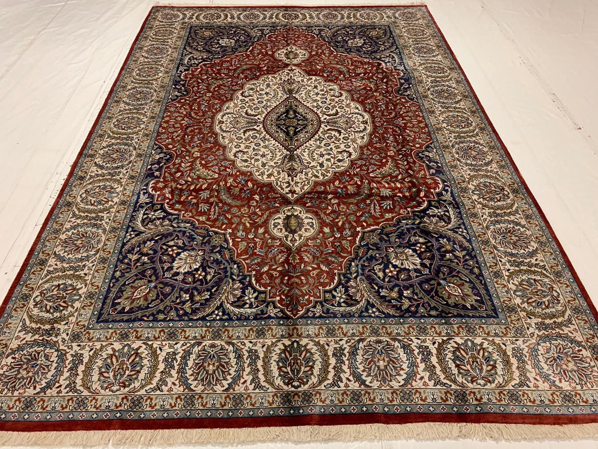 Vintage Handmade 7x10 Red and Ivory Anatolian Turkish Silk Hereke Distressed Area Rug