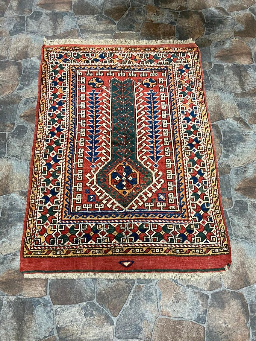 Vintage Handmade 3x5 Red and Multicolor Anatolian Turkish Tribal Distressed Area Rug
