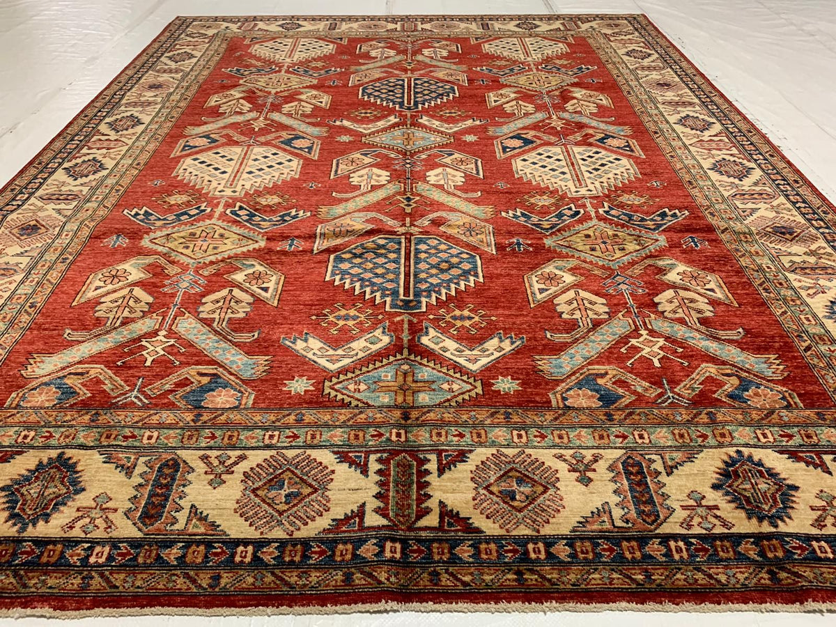 8x10 Red and Ivory Kazak Tribal Rug