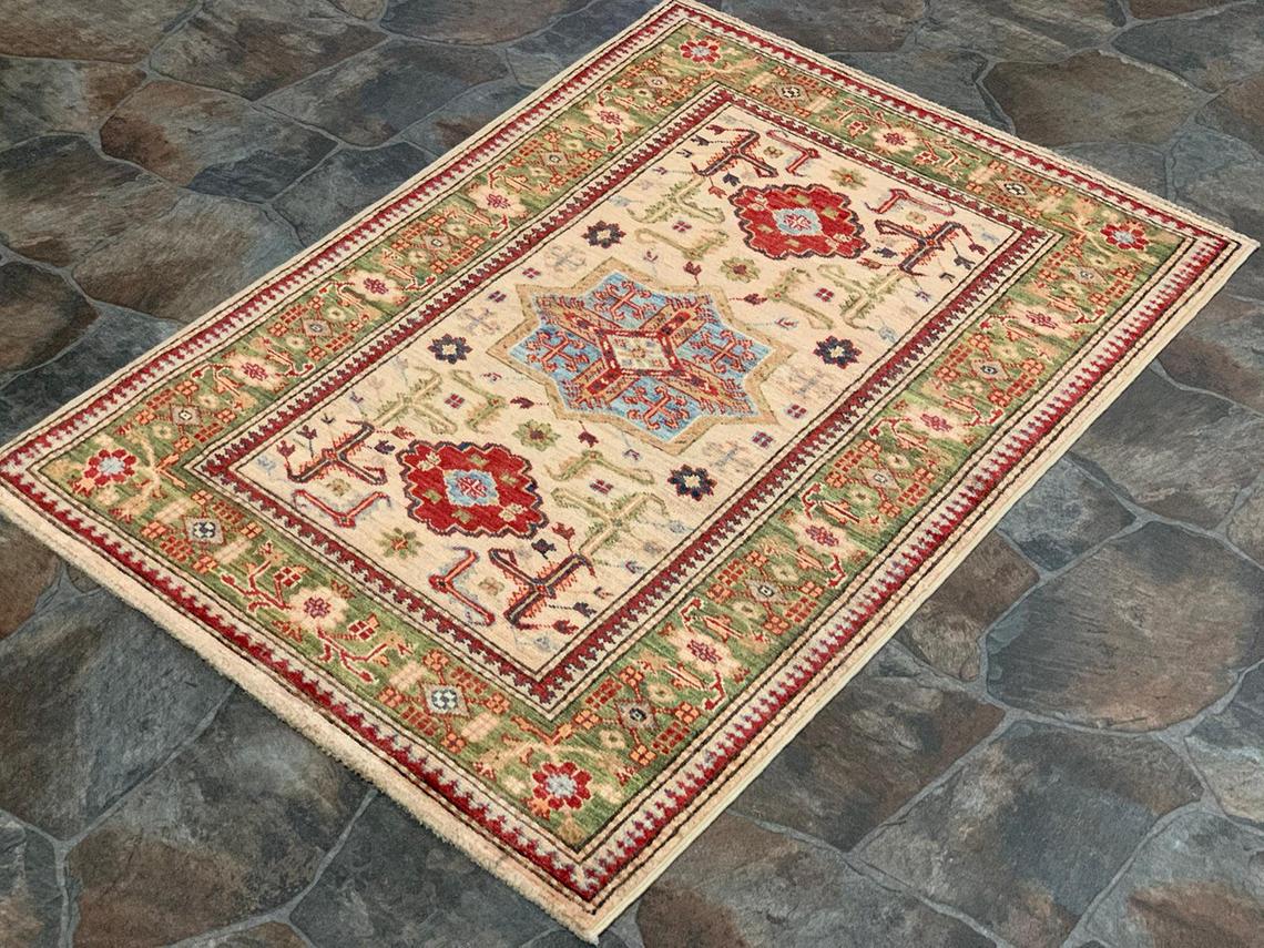 3x4 Ivory and Green Turkish Oushak Rug