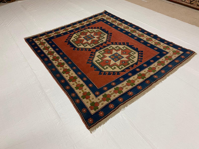 6x7 Red and Blue Turkish Tribal Rug