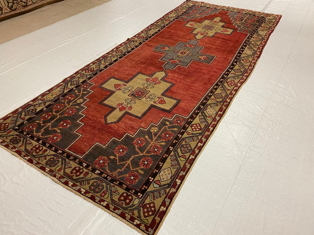 Vintage Handmade 5x12 Red and Beige Anatolian Turkish Tribal Distressed Area Runner
