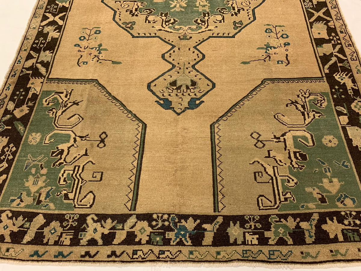 6x10 Ivory and Blue Turkish Tribal Rug