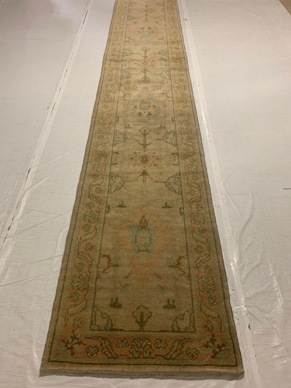 3x12 Beige and Green Turkish Oushak Runner