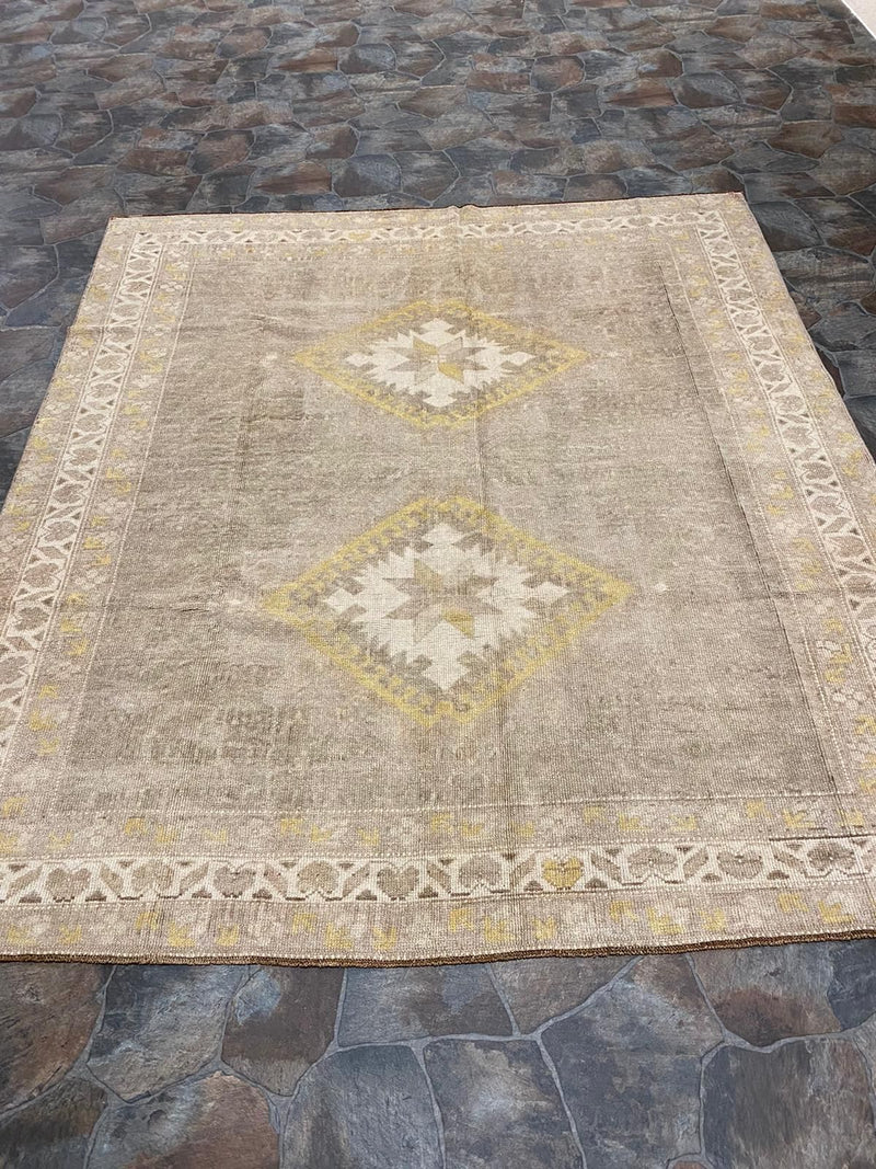 7x7 Beige and Gold Turkish Tribal Rug