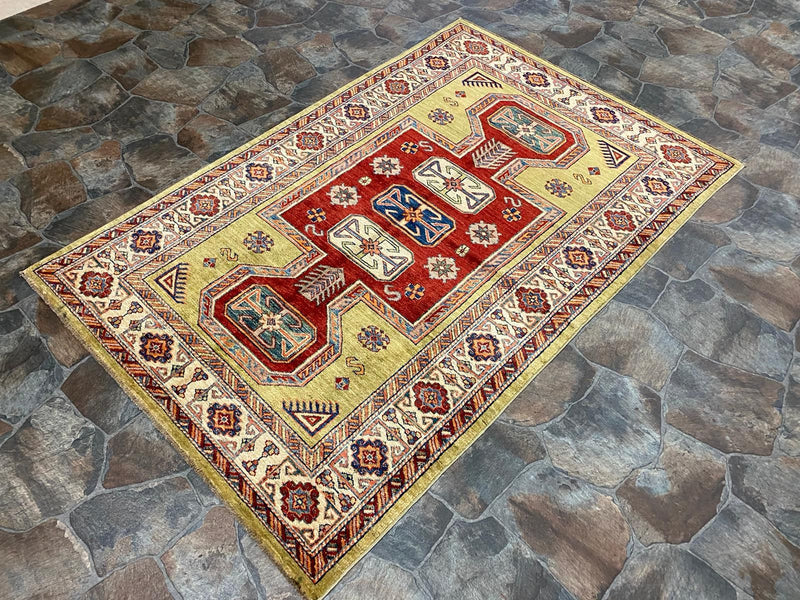 4x6 Green and Ivory Kazak Tribal Rug