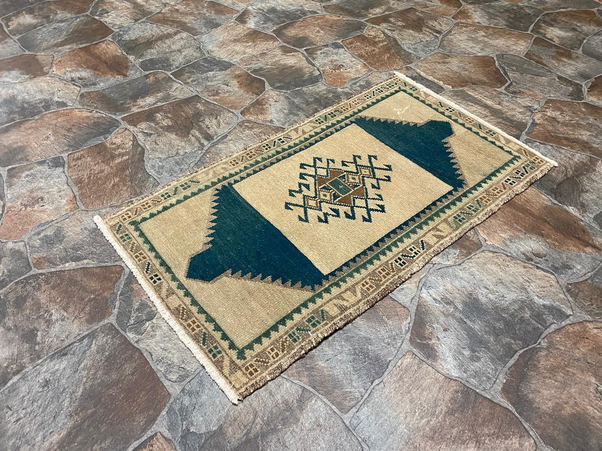 2x3 Ivory and Blue Turkish Tribal Rug