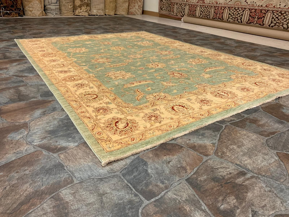6x8 Green and Ivory Turkish Oushak Rug