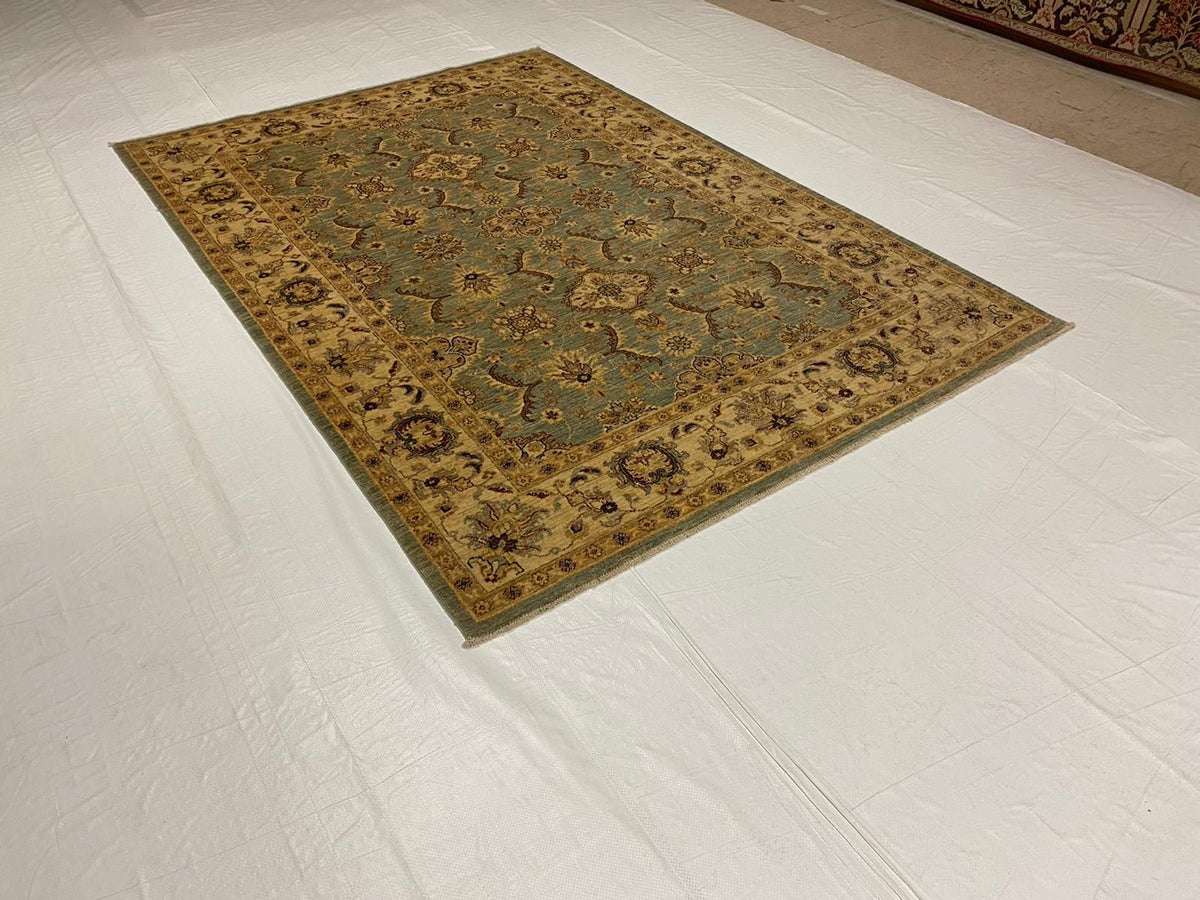 6x8 Blue and Ivory Turkish Oushak Rug