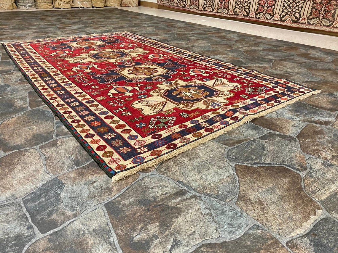 4x7 Red and Navy Turkish Patchwork Rug