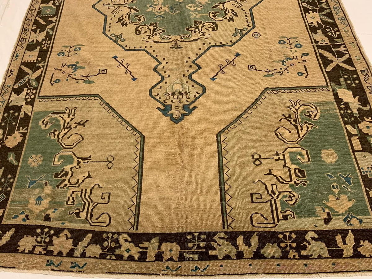 6x10 Ivory and Blue Turkish Tribal Rug