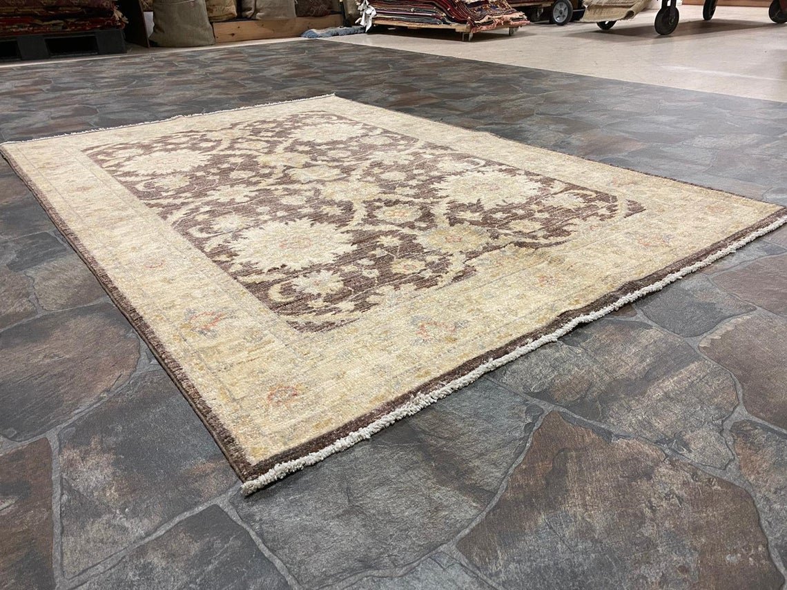 4x6 Brown and Ivory Turkish Oushak Rug
