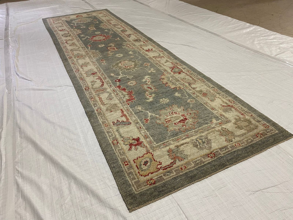 3x10 Gray and Off White Turkish Oushak Runner
