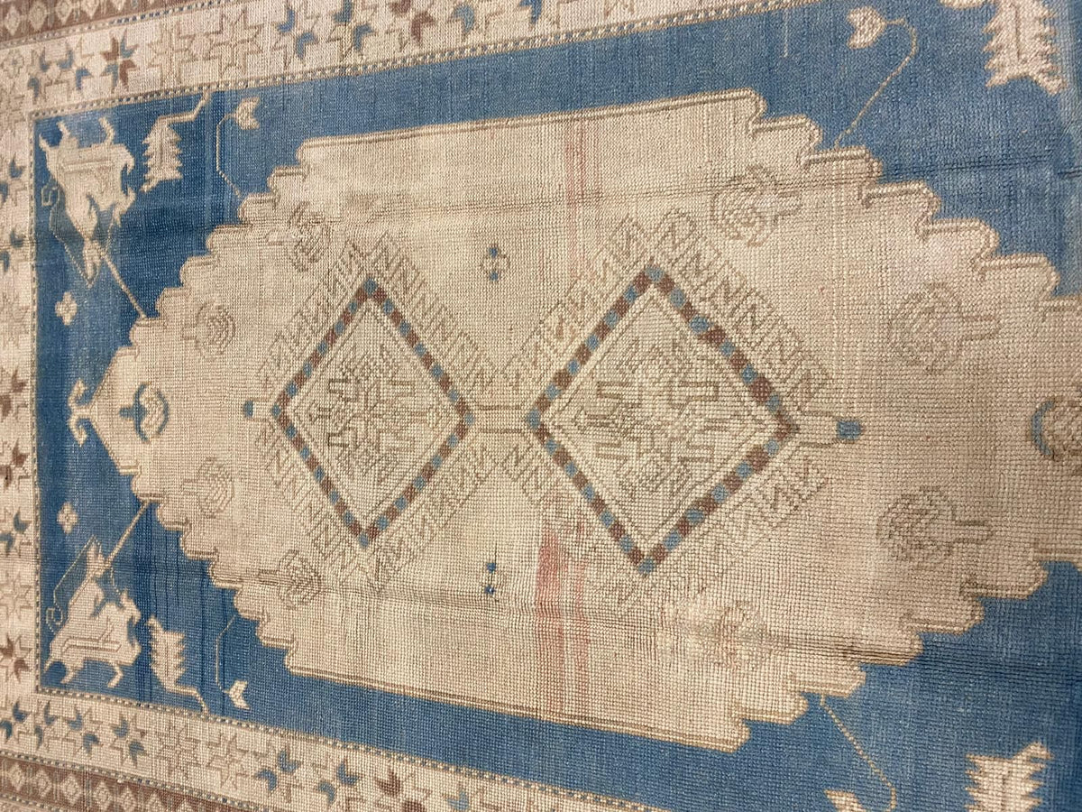Vintage Handmade 5x8 Blue and Beige Anatolian Turkish Tribal Distressed Area Rug