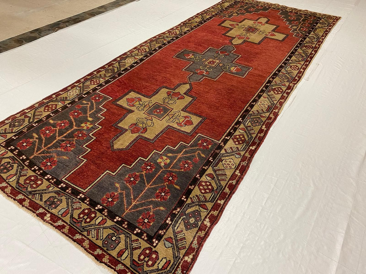 Vintage Handmade 5x12 Red and Beige Anatolian Turkish Tribal Distressed Area Runner