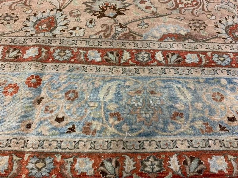 Vintage Handmade 12x15 Beige and Blue Persian Tabriz Distressed Area Rug