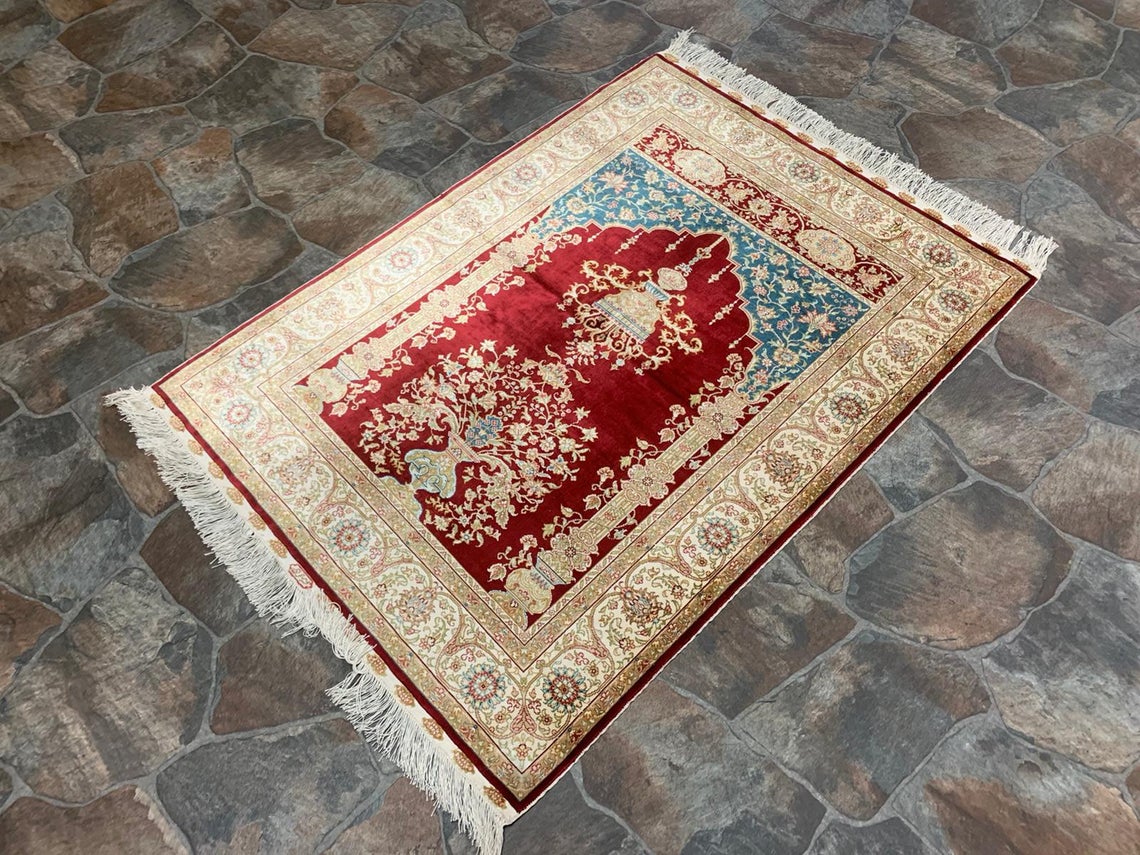 Vintage Handmade 3x4 Red and Ivory Anatolian Turkish Silk Hereke Distressed Area Rug