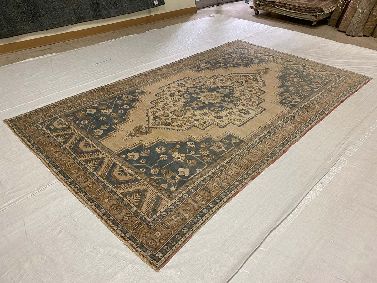 6x10 Beige and Blue Turkish Tribal Rug