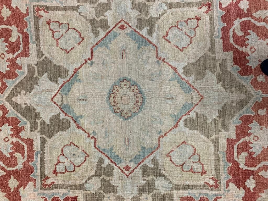 9x13 Red and Light Blue Turkish Oushak Rug