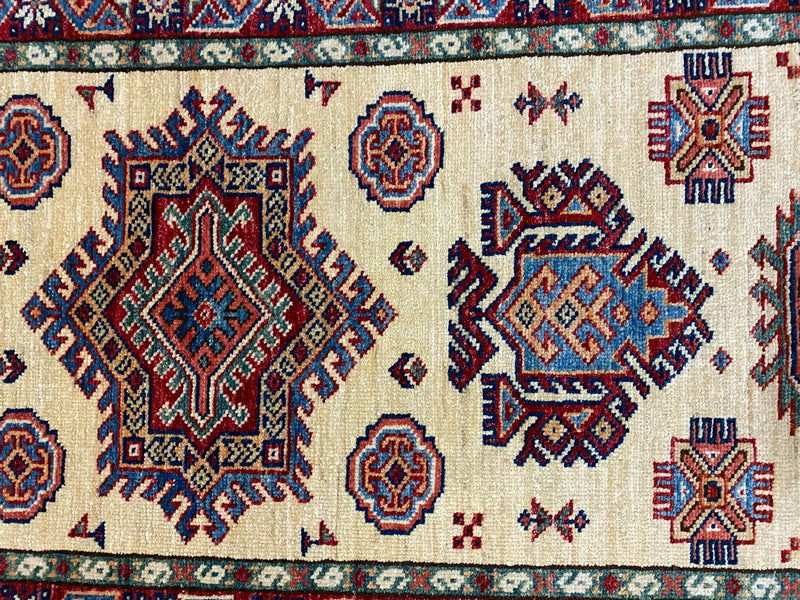 3x8 Ivory and Red Kazak Tribal Runner