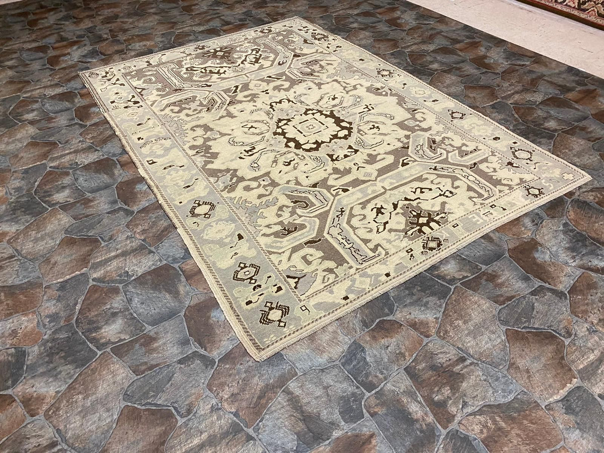 6x9 Ivory and Purple Turkish Tribal Rug