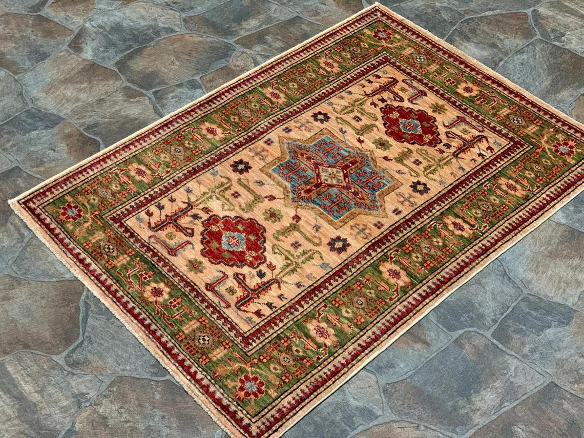 3x4 Ivory and Green Turkish Oushak Rug