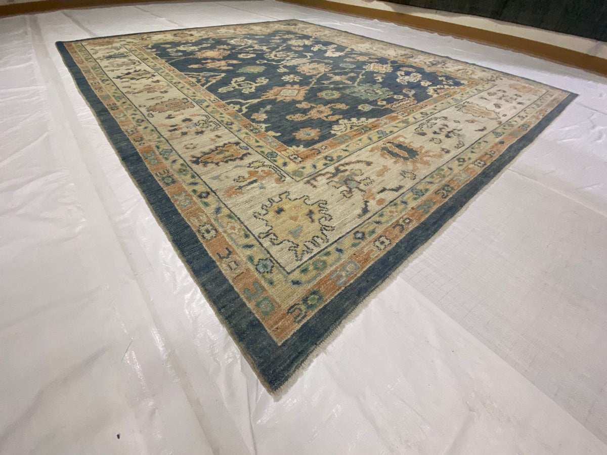 8x10 Blue and Ivory Turkish Oushak Rug