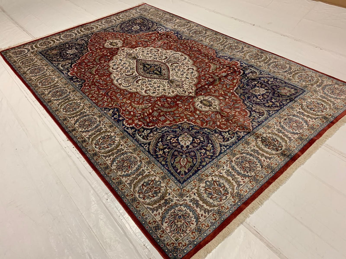 Vintage Handmade 7x10 Red and Ivory Anatolian Turkish Silk Hereke Distressed Area Rug