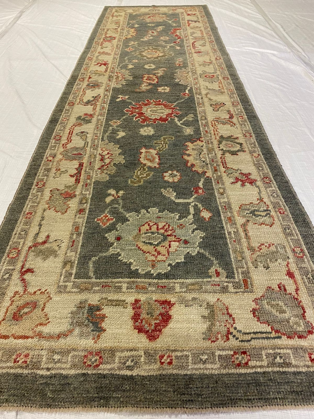 3x10 Gray and Off White Turkish Oushak Runner