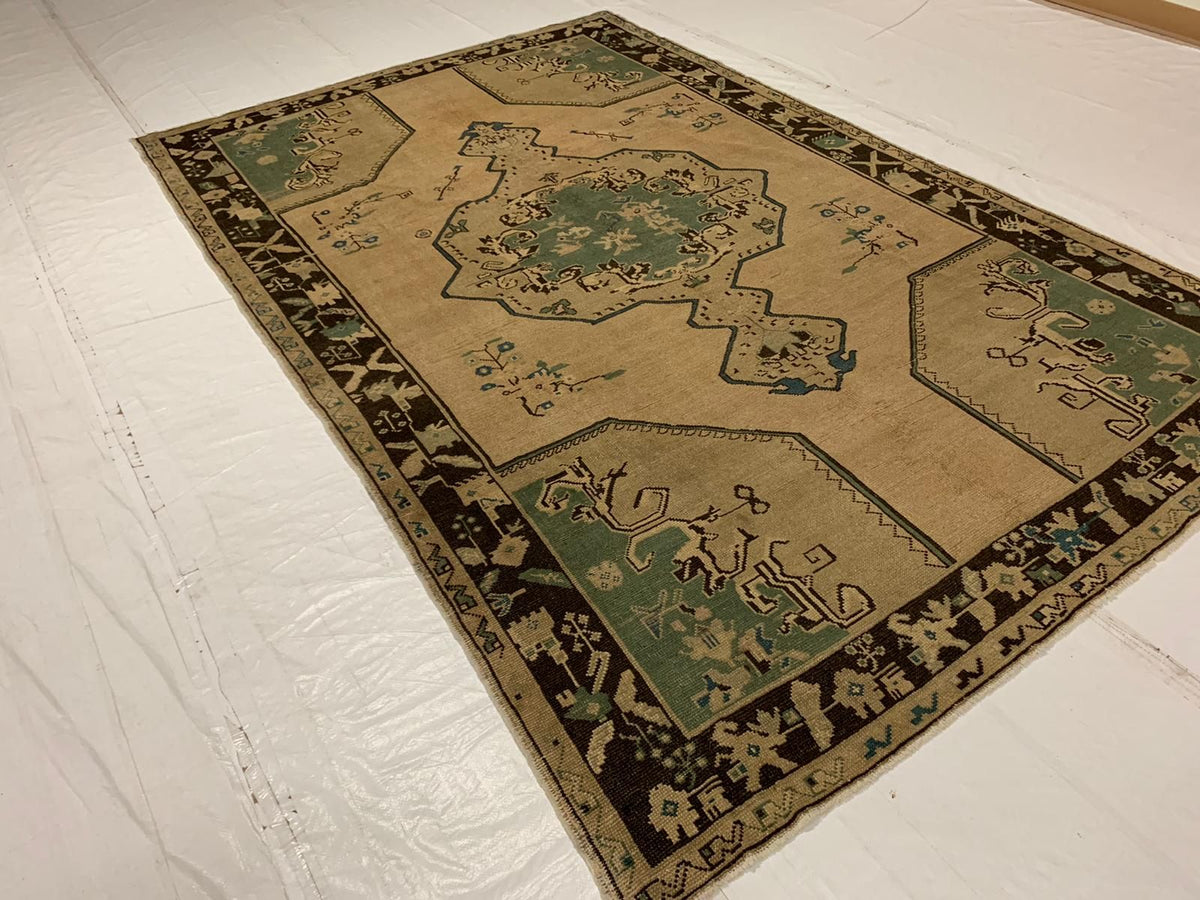 6x10 Ivory and Blue Turkish Tribal Rug