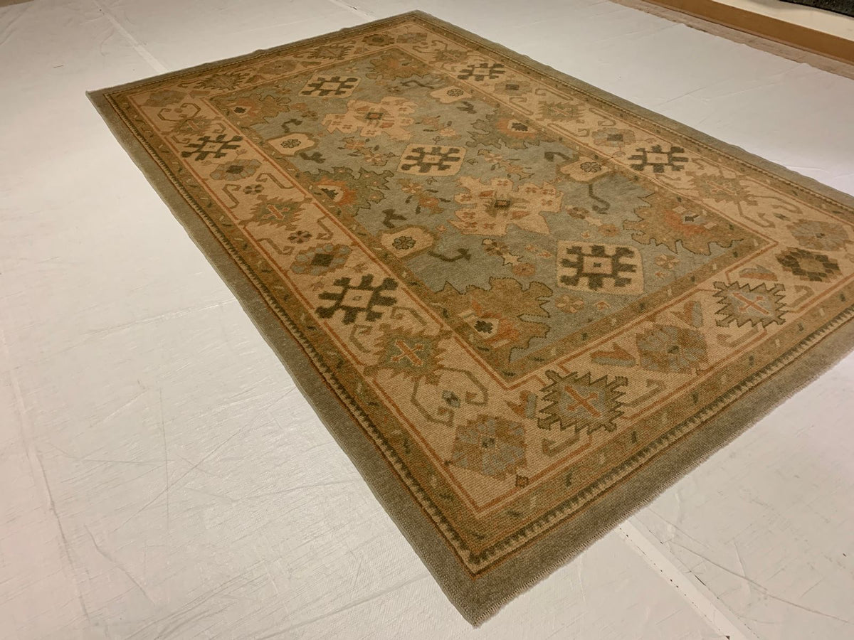 7x11 Blue and Ivory Turkish Oushak Rug
