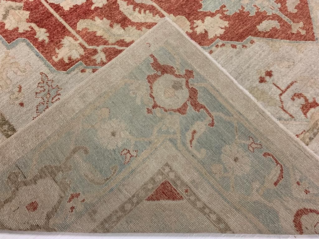 9x13 Red and Light Blue Turkish Oushak Rug