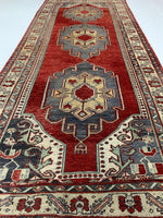 Vintage Handmade 5x11 Red and Ivory Anatolian Turkish Tribal Distressed Area Runner