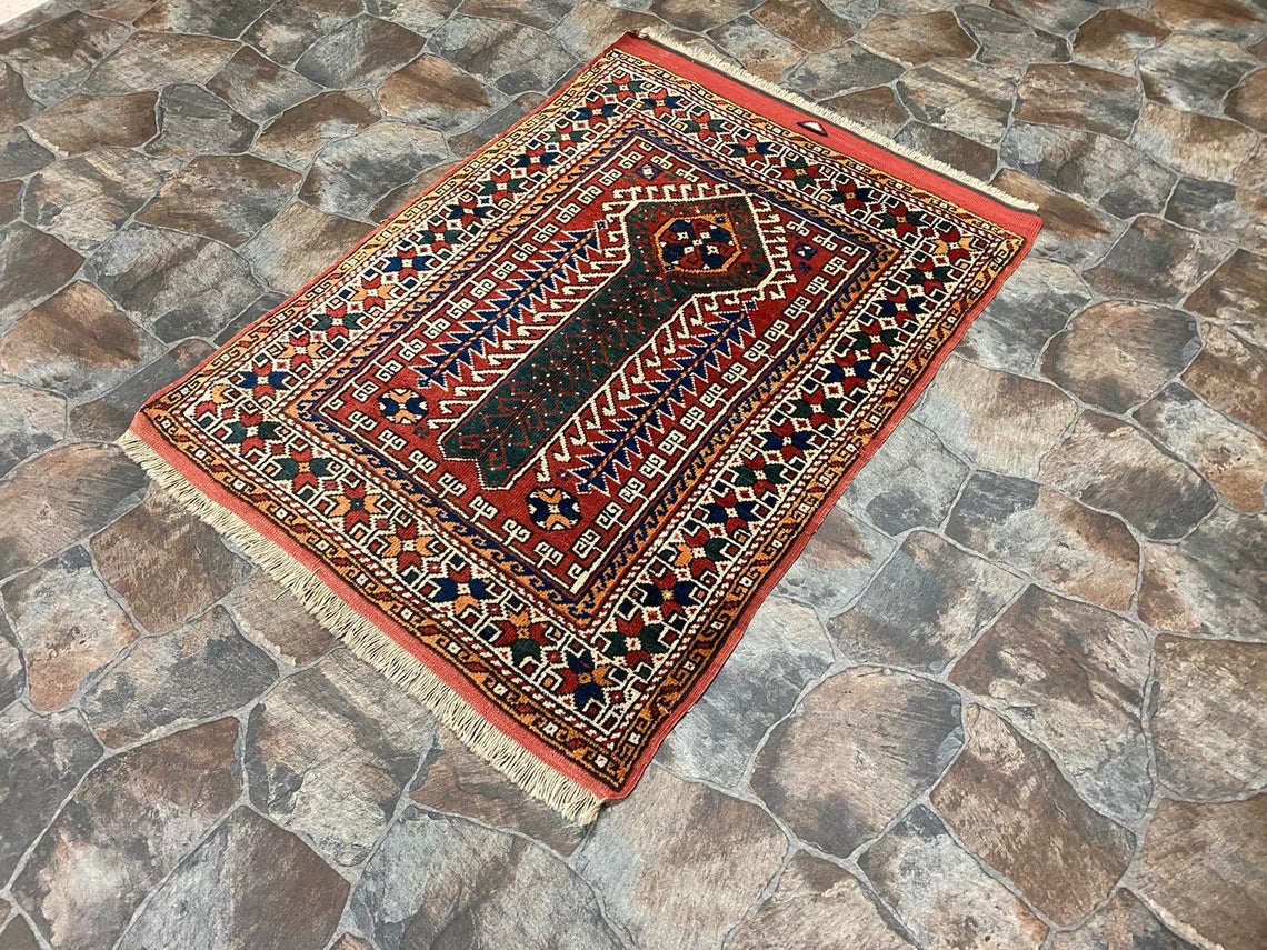 Vintage Handmade 3x5 Red and Multicolor Anatolian Turkish Tribal Distressed Area Rug