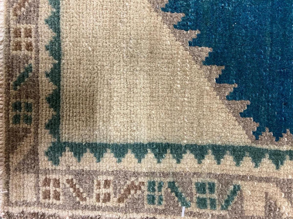2x3 Ivory and Blue Turkish Tribal Rug