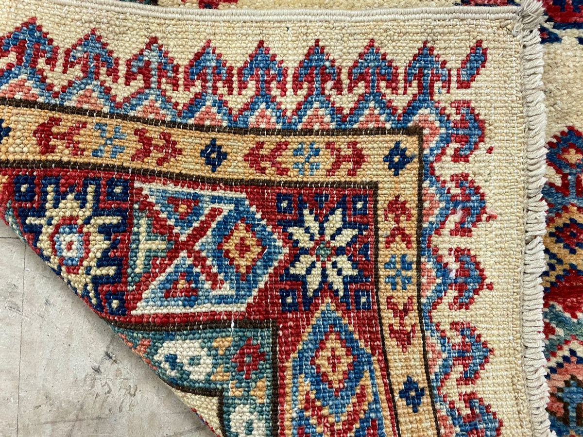 3x8 Ivory and Red Kazak Tribal Runner