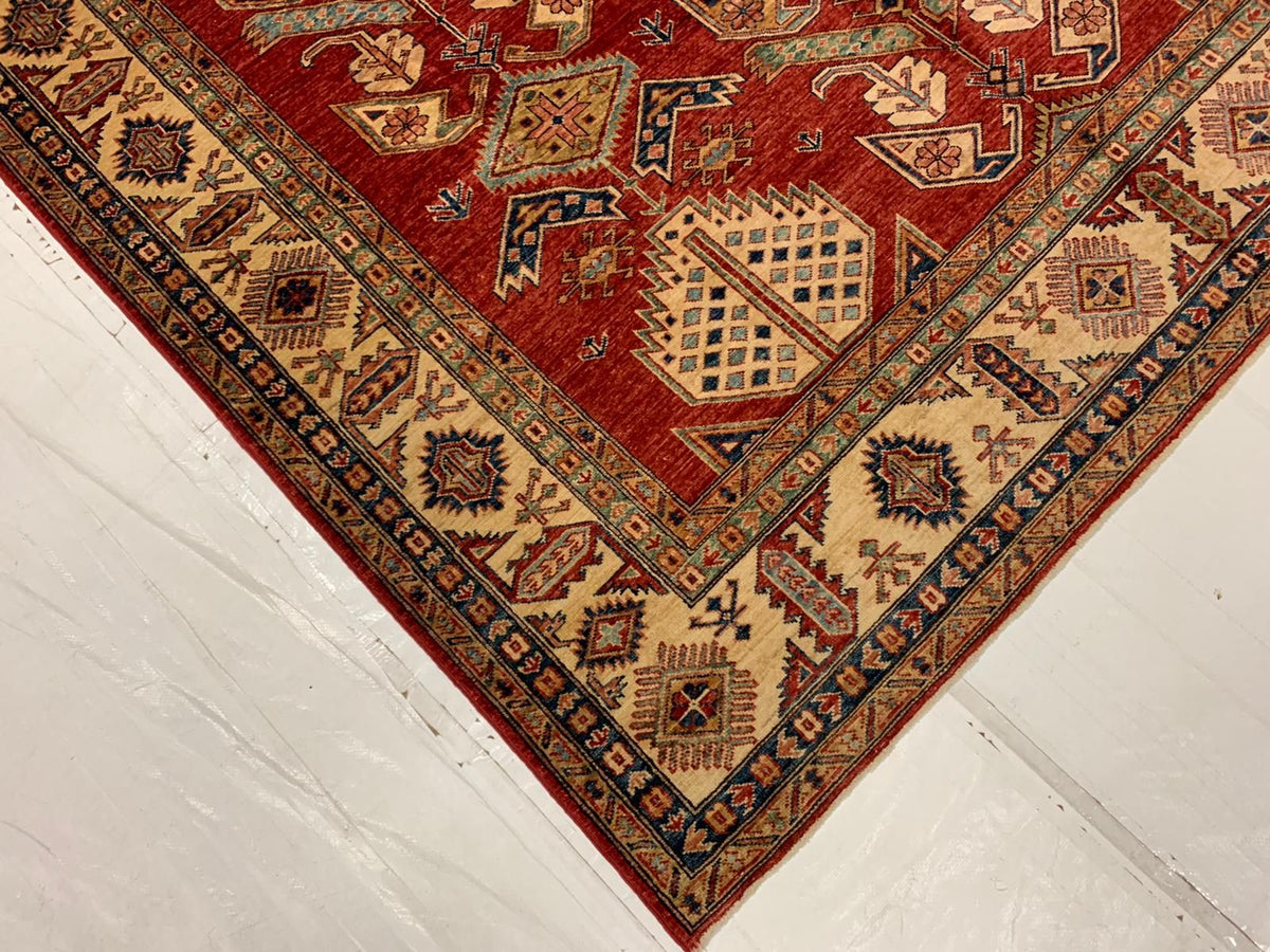8x10 Red and Ivory Kazak Tribal Rug