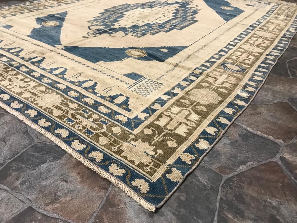 6x8 Blue and Beige Turkish Tribal Rug