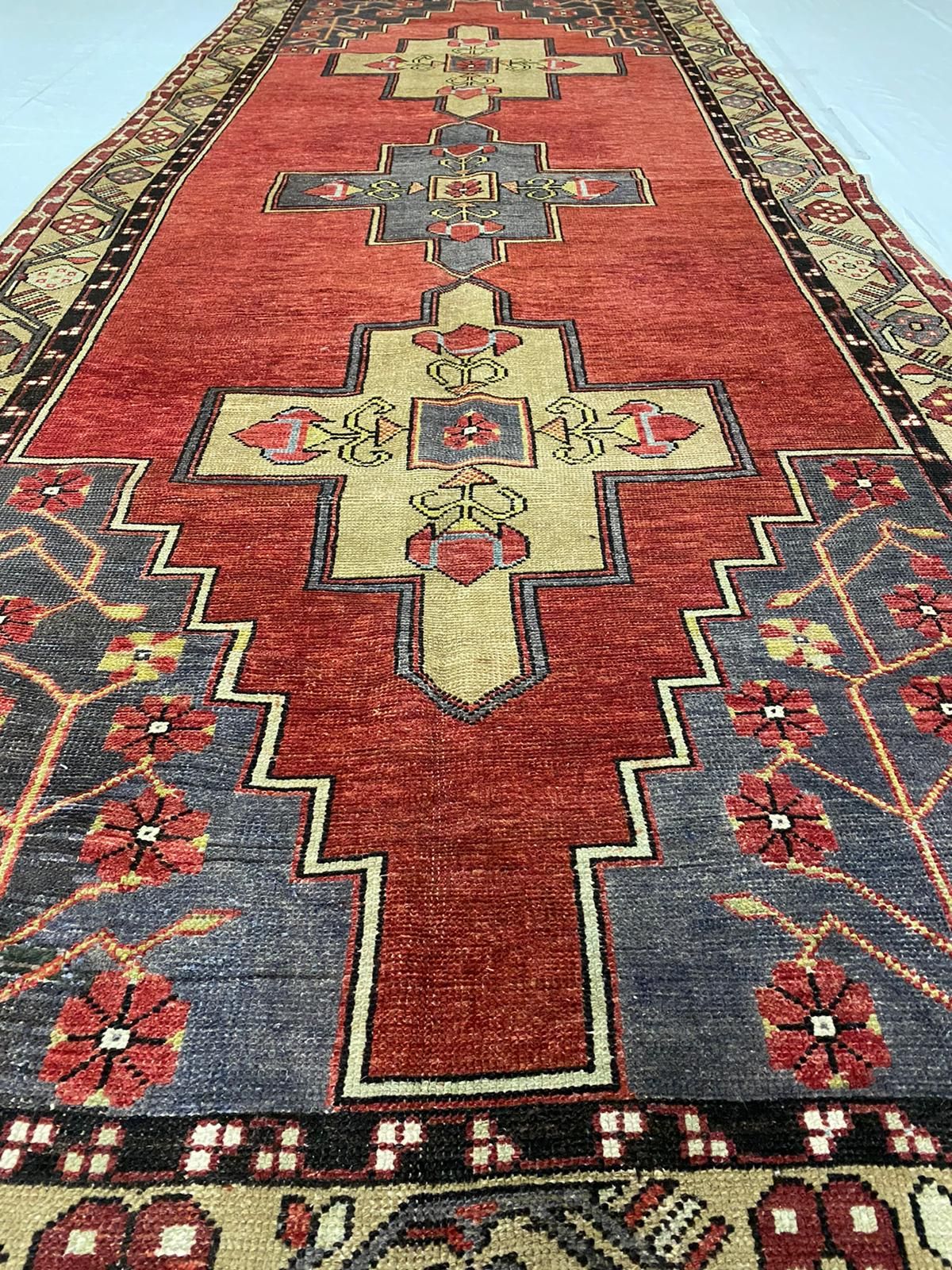 Vintage Handmade 5x12 Red and Beige Anatolian Turkish Tribal Distressed Area Runner