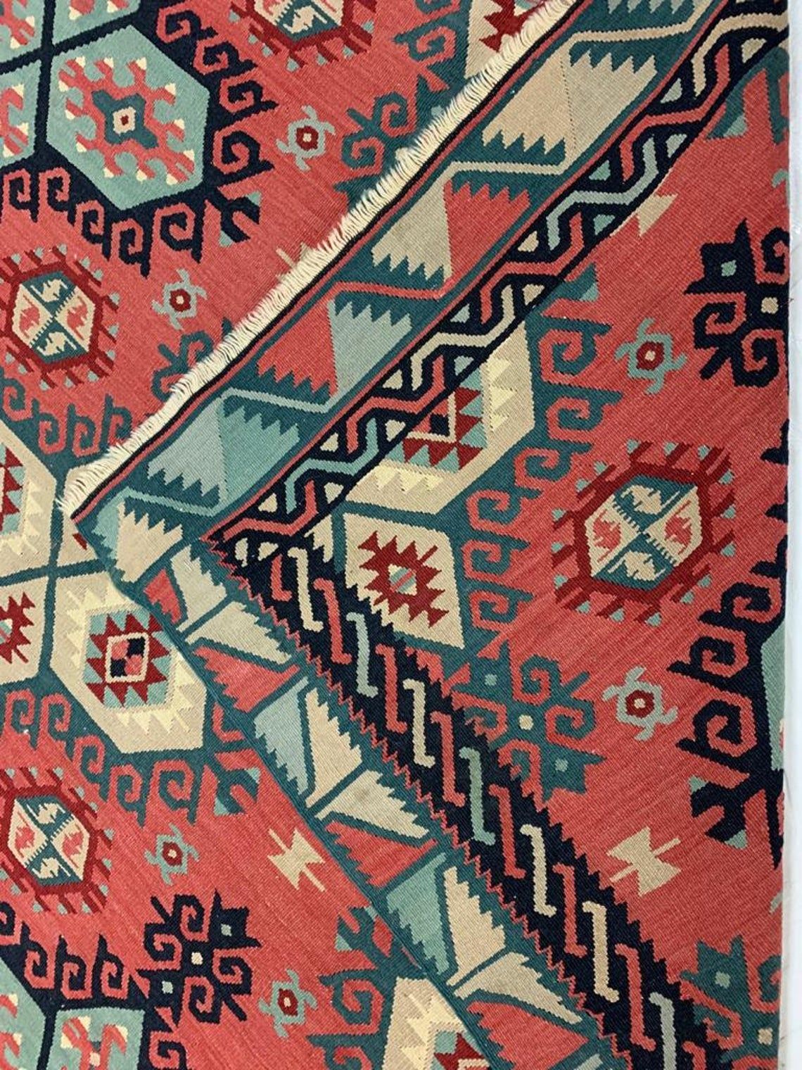 7x9 Rust and Blue Turkish Tribal Rug
