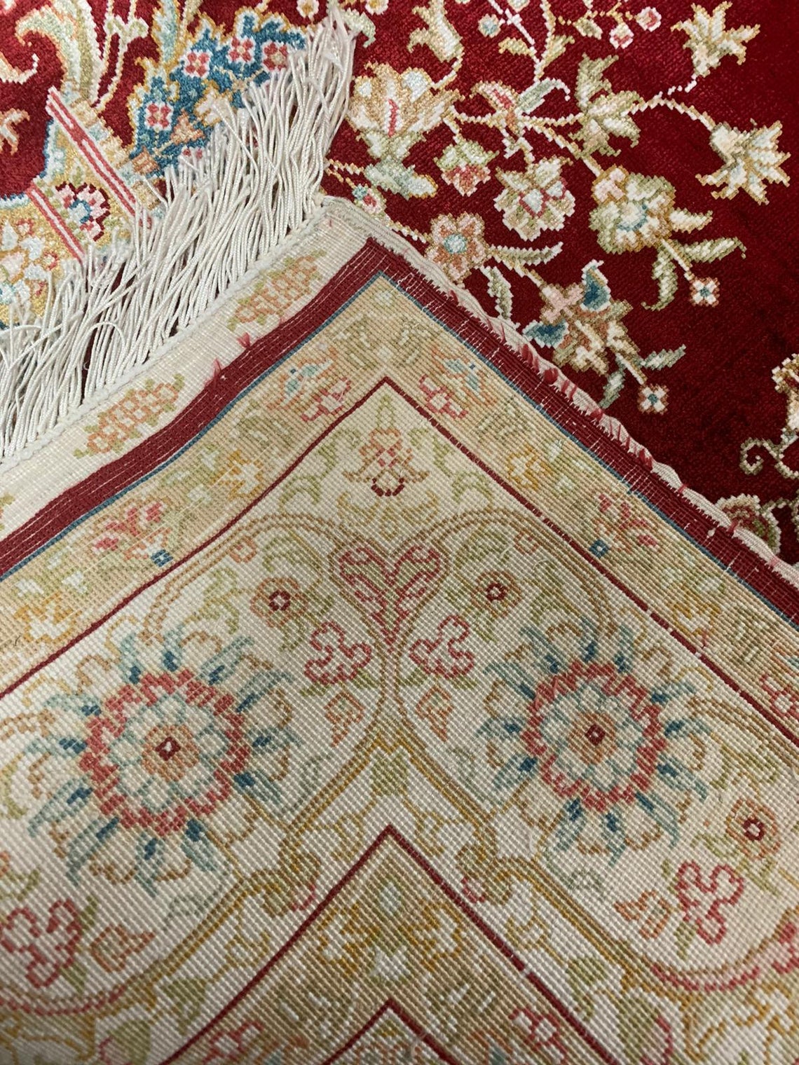Vintage Handmade 3x4 Red and Ivory Anatolian Turkish Silk Hereke Distressed Area Rug