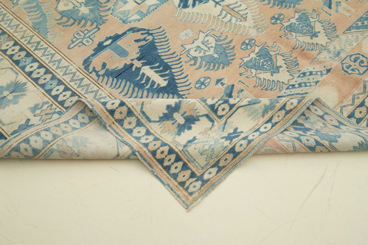 7x8 Pink and Blue Turkish Tribal Rug