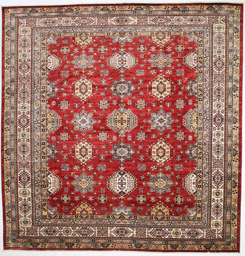Vintage Handmade 10x10 Red and Ivory Anatolian Caucasian Tribal Distressed Area Rug