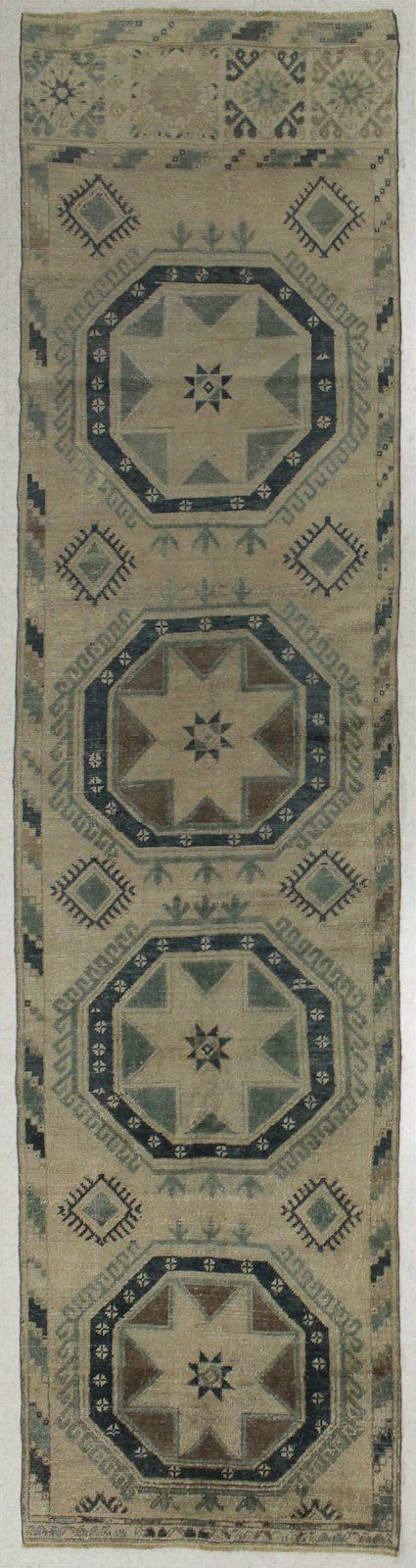 3x13 Ivory and Green Turkish Tribal Runner